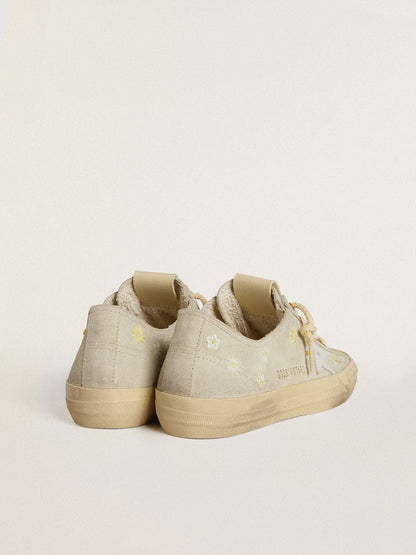 Golden Goose Womens V-Star In Ice-Gray Suede With White Leather Star And Floral Embroidery Womens