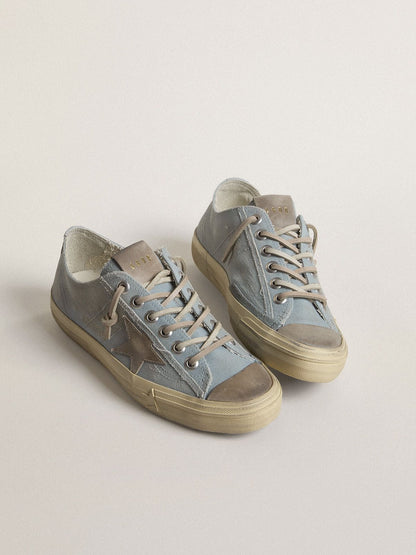 Golden Goose Womens V-Star In Light Blue Canvas With Dove-Gray Leather Star Womens