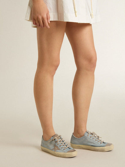 Golden Goose Womens V-Star In Light Blue Canvas With Dove-Gray Leather Star Womens