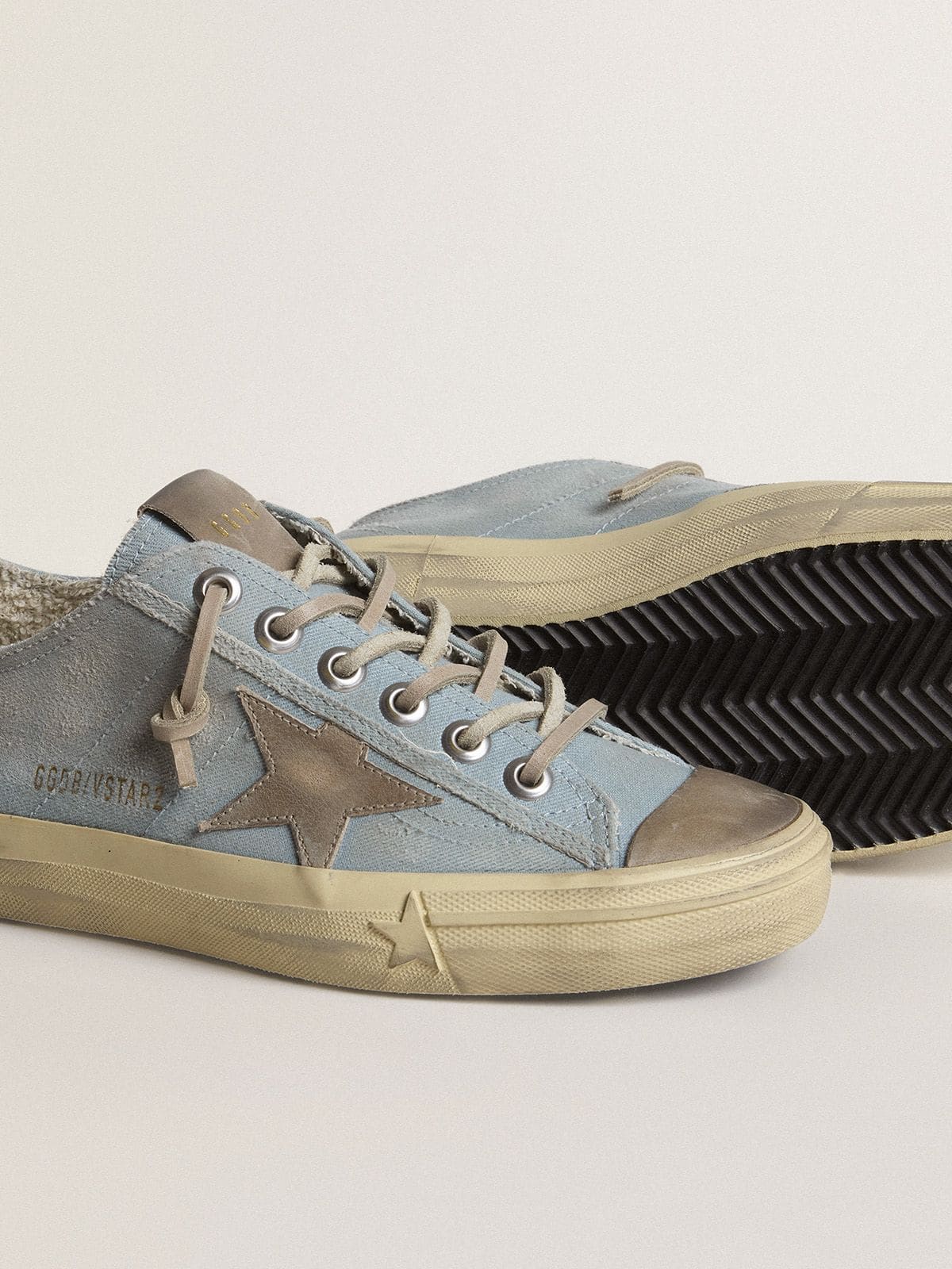 Golden Goose Womens V-Star In Light Blue Canvas With Dove-Gray Leather Star Womens