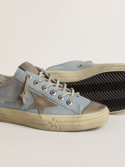 Golden Goose Womens V-Star In Light Blue Canvas With Dove-Gray Leather Star Womens