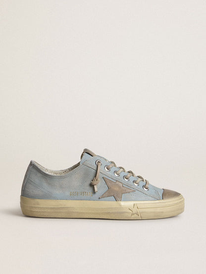 Golden Goose Womens V-Star In Light Blue Canvas With Dove-Gray Leather Star Womens