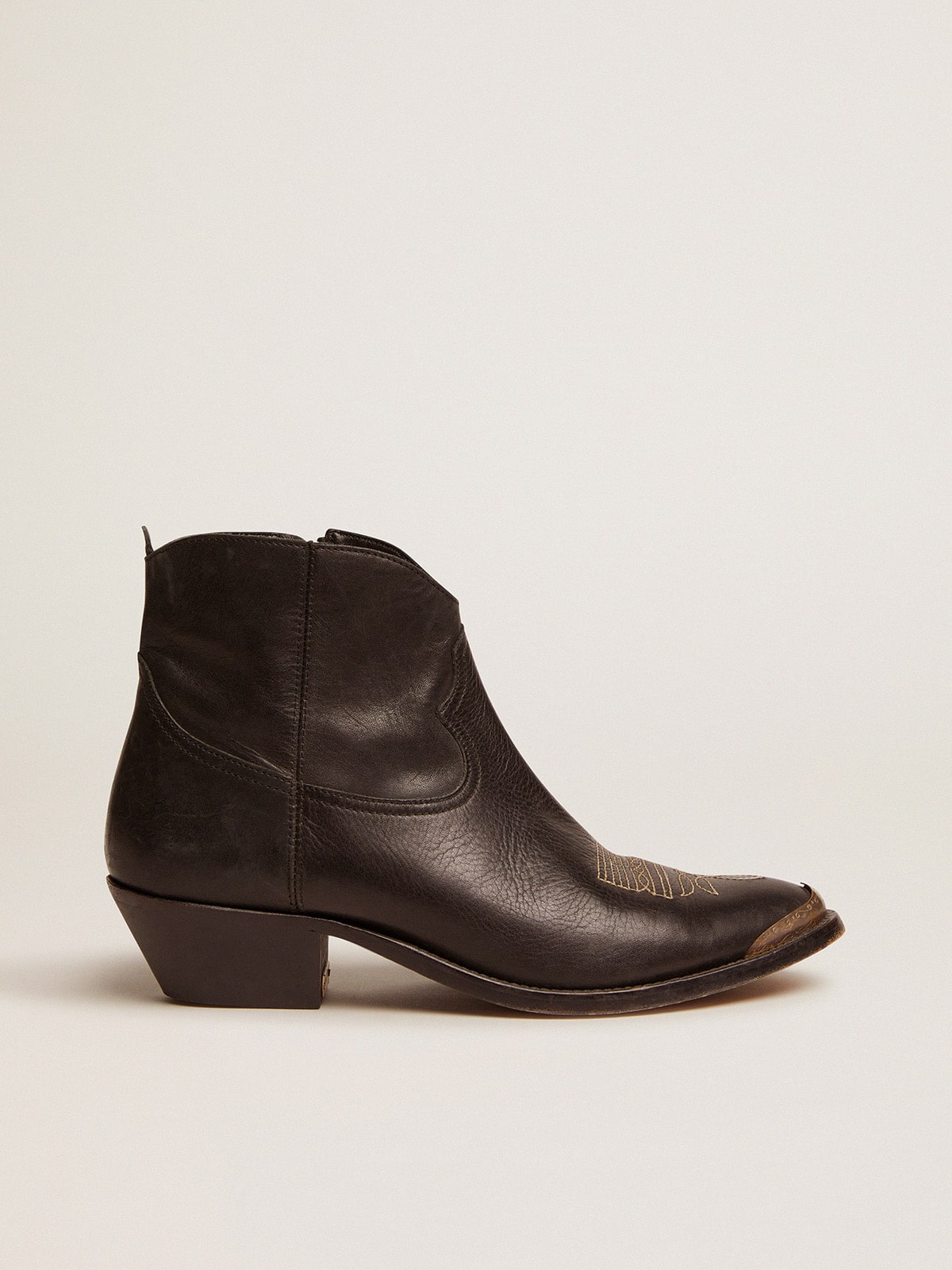 Golden Goose Young Ankle Boots In Black Leather With Sand-Colored Embroidery Womens
