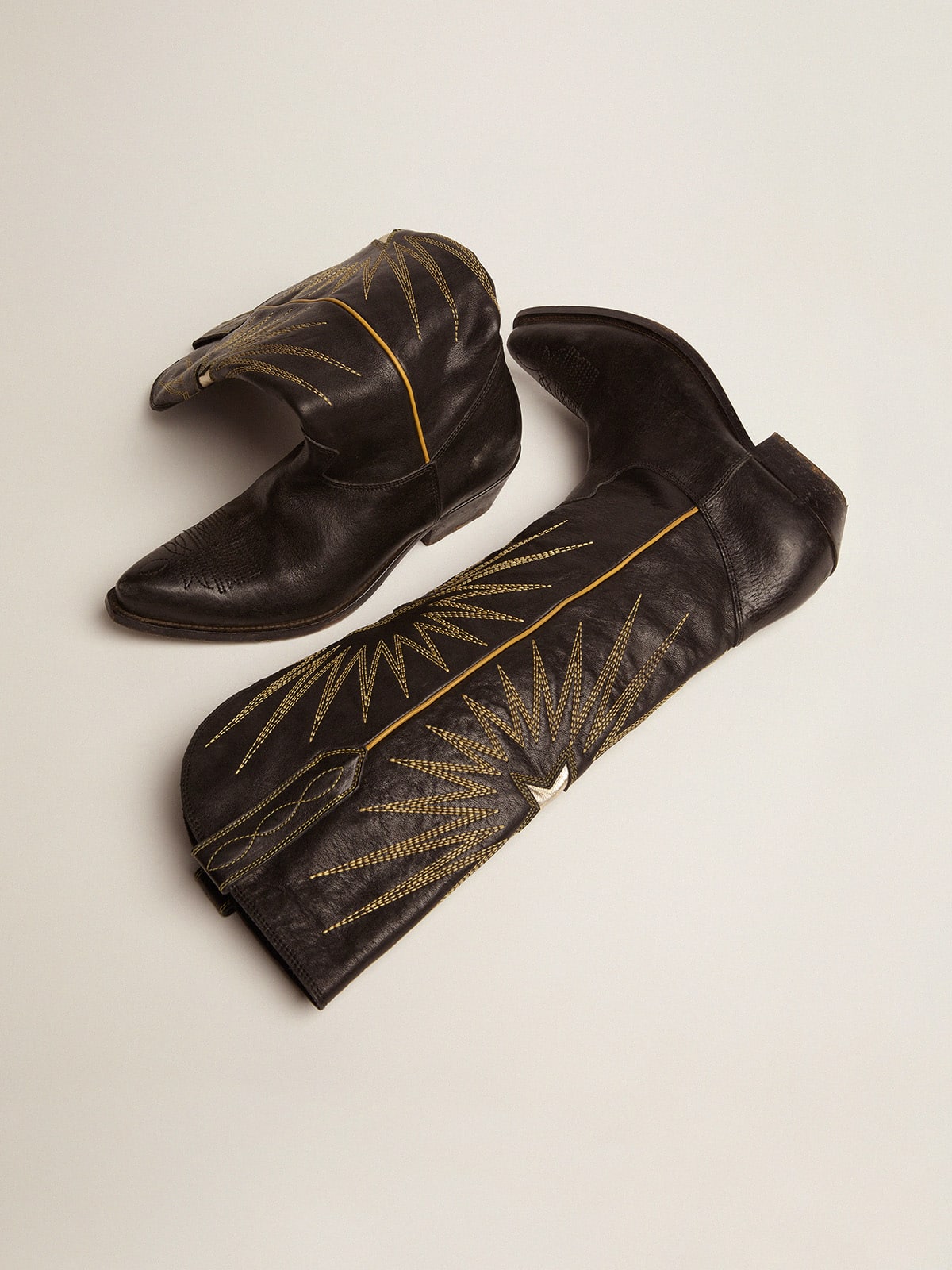 Golden Goose Wish Star Boots In Black Leather With Platinum Laminated Leather Inlay Star Womens