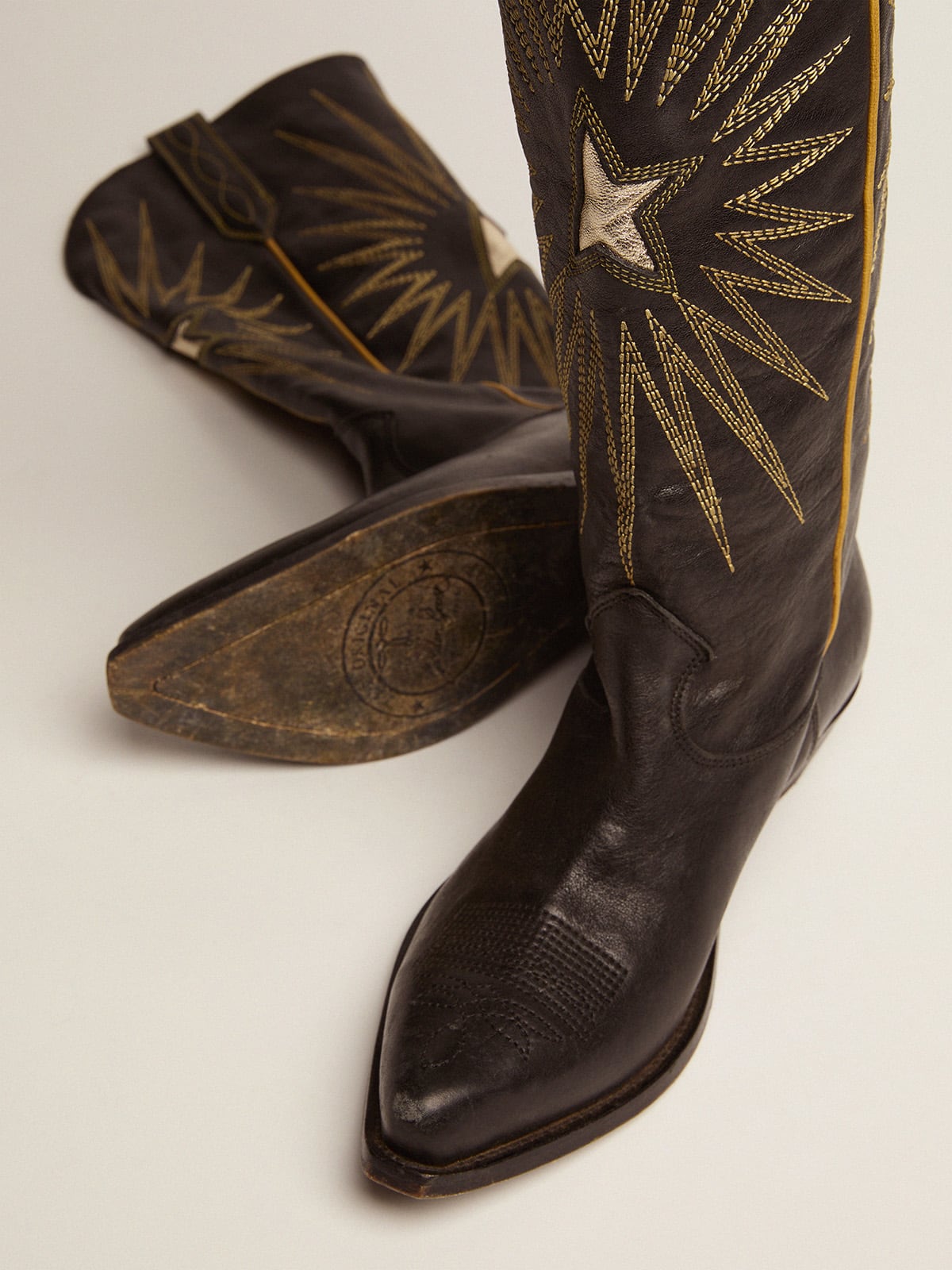 Golden Goose Wish Star Boots In Black Leather With Platinum Laminated Leather Inlay Star Womens