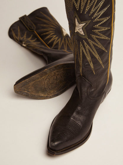 Golden Goose Wish Star Boots In Black Leather With Platinum Laminated Leather Inlay Star Womens