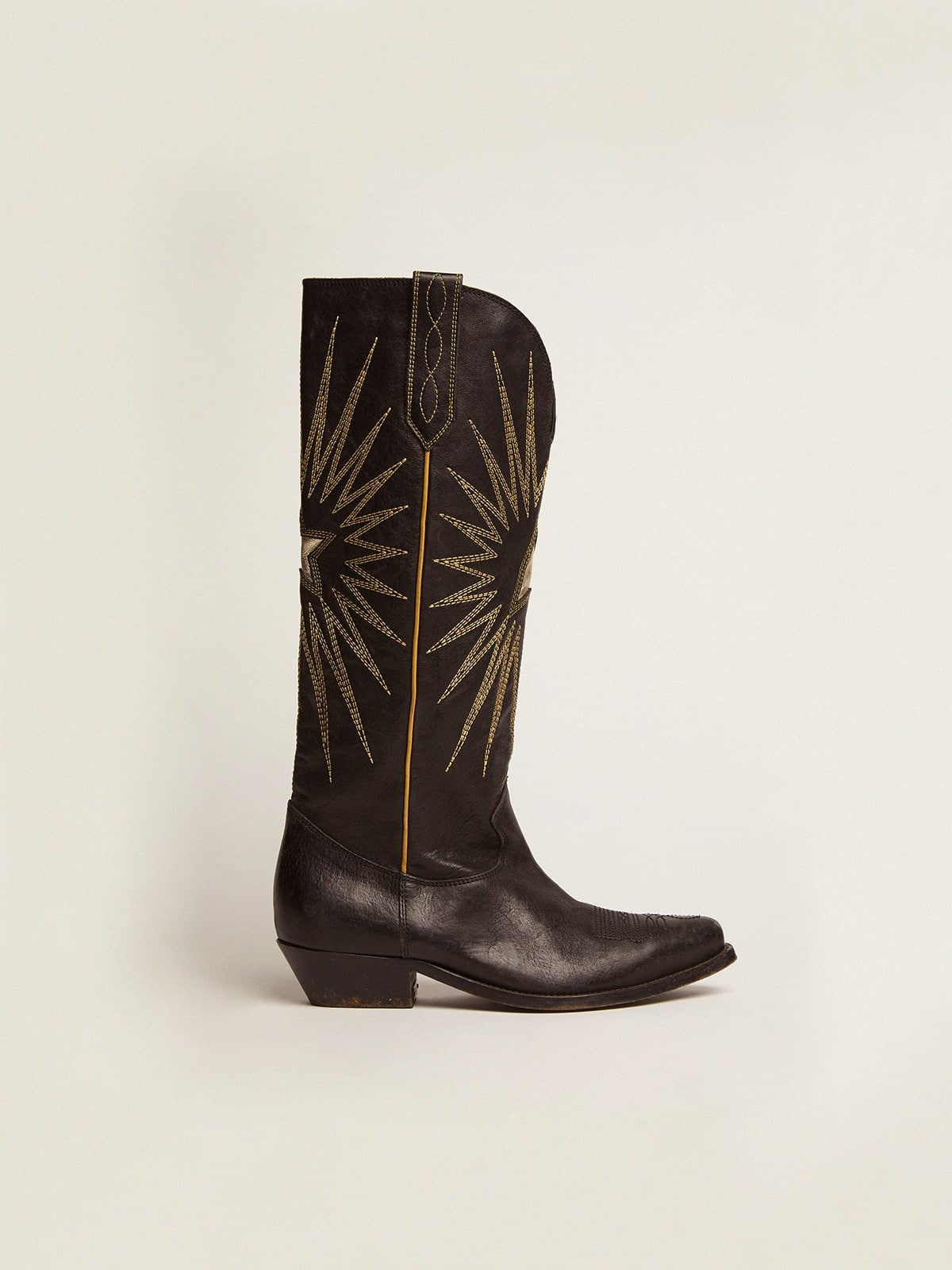 Golden Goose Wish Star Boots In Black Leather With Platinum Laminated Leather Inlay Star Womens