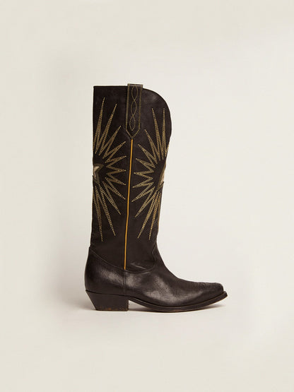 Golden Goose Wish Star Boots In Black Leather With Platinum Laminated Leather Inlay Star Womens
