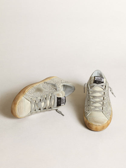 Golden Goose Womens Super-Star In Aged White Nubuck With Swarovski Crystals Womens