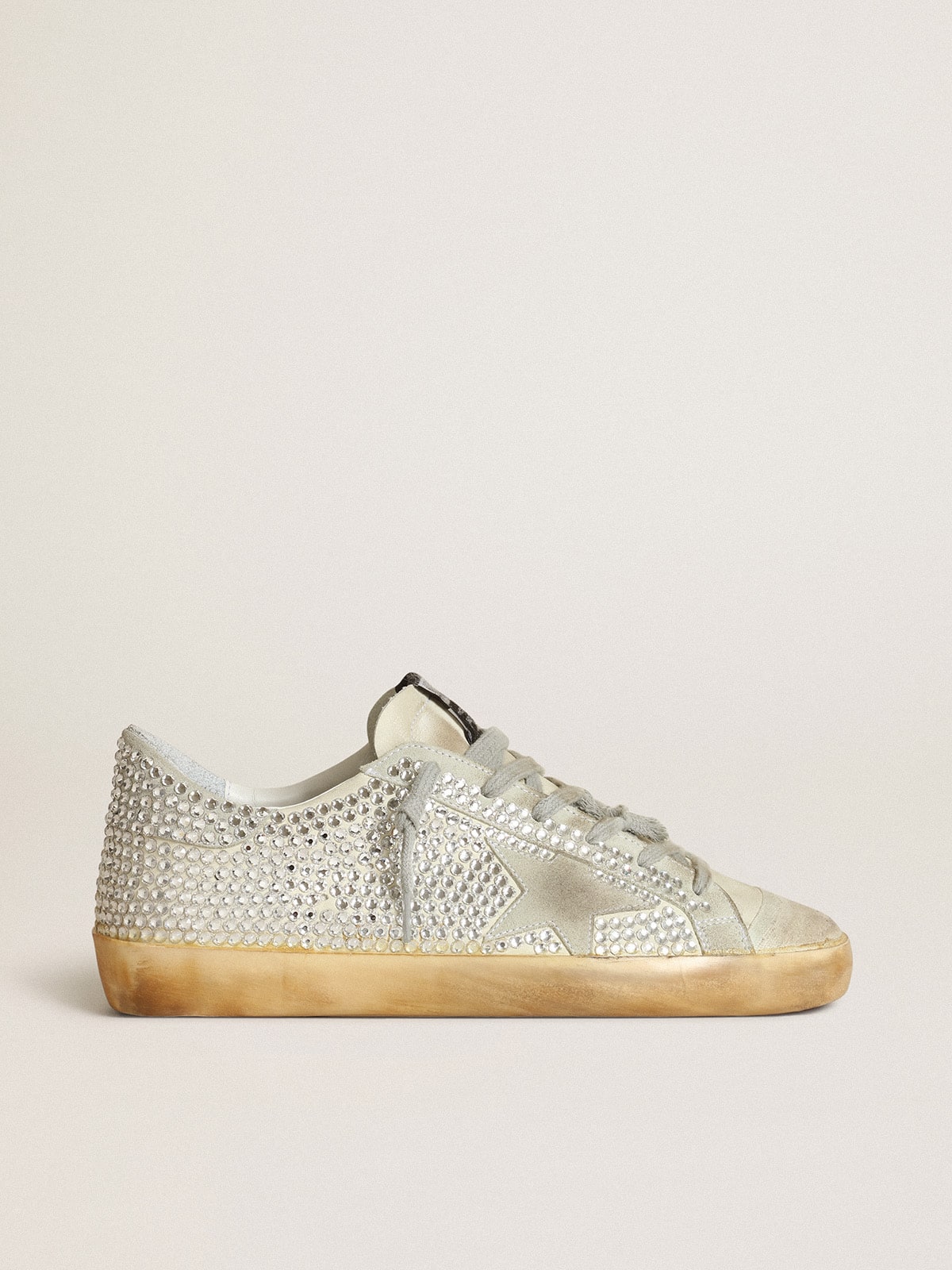 Golden Goose Womens Super-Star In Aged White Nubuck With Swarovski Crystals Womens