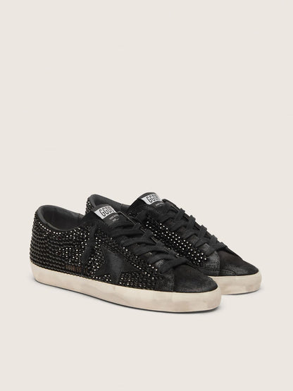 Golden Goose Super-Star In Black Suede With Swarovski Crystals And Black Suede Star Womens