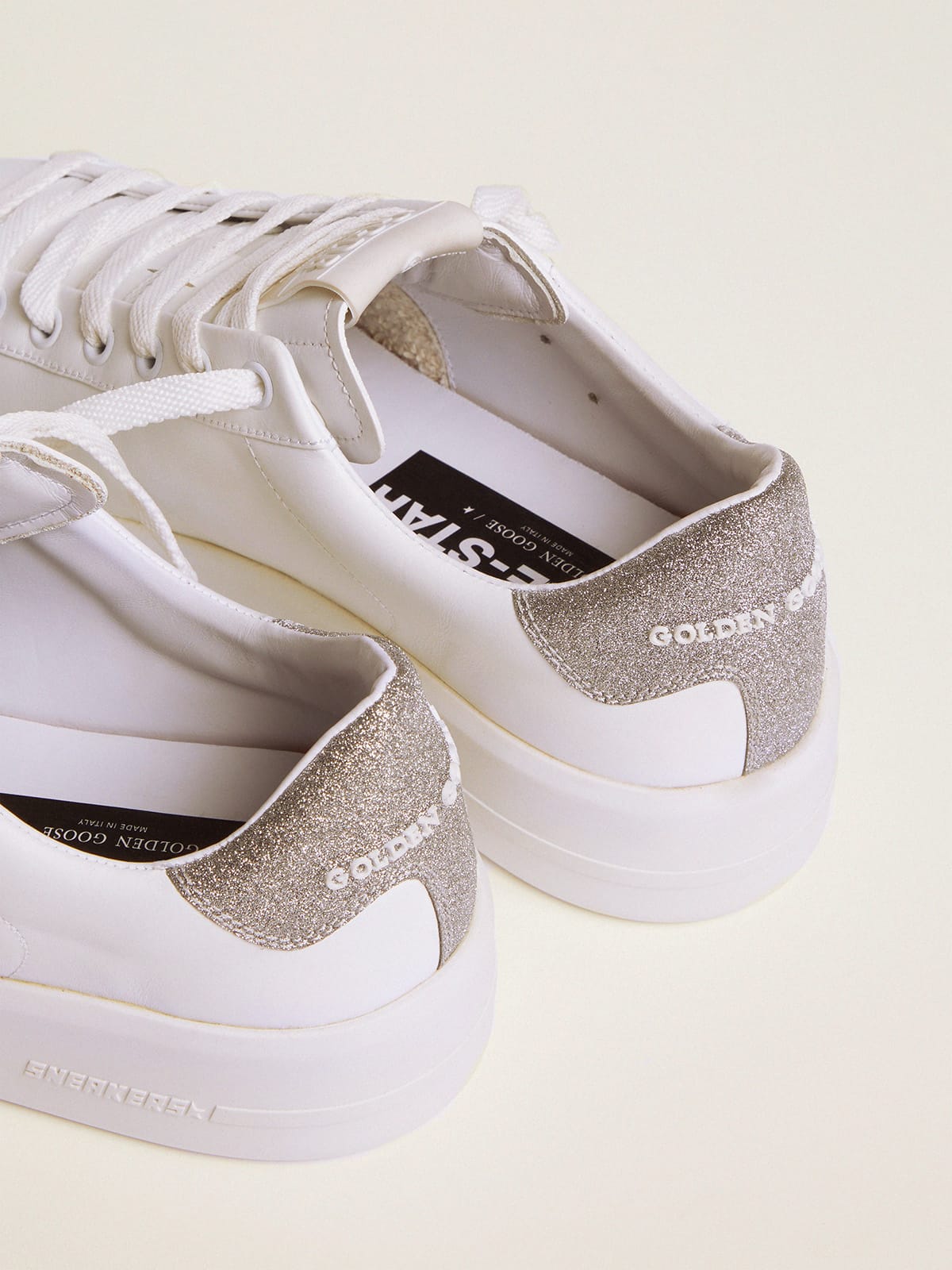Golden Goose Womens Purestar Sneakers With Glittery Silver Heel Tab Womens