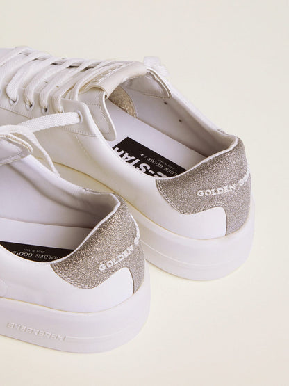 Golden Goose Womens Purestar Sneakers With Glittery Silver Heel Tab Womens