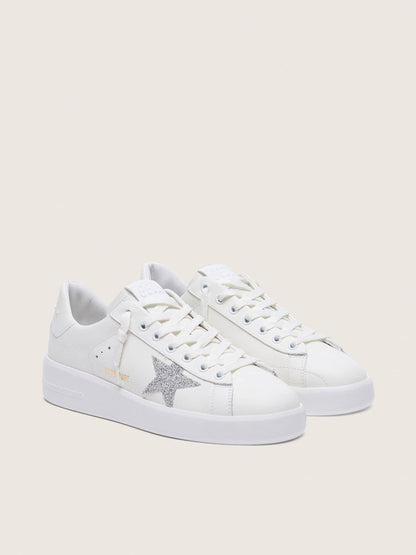 Golden Goose Womens Purestar In White Leather With Silver Swarovski Crystal Star Womens