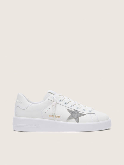 Golden Goose Womens Purestar In White Leather With Silver Swarovski Crystal Star Womens