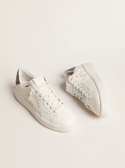 Golden Goose Womens Purestar With White Leather Star And Anthracite Glitter Heel Tab Womens