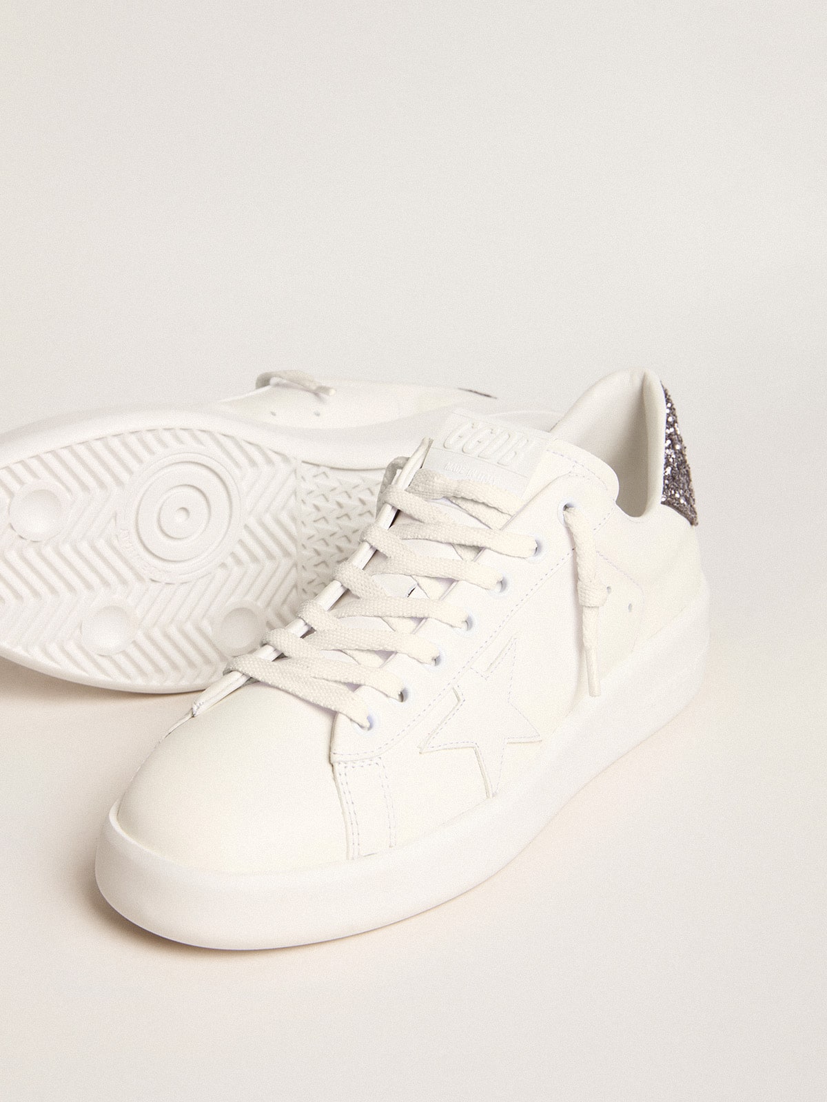 Golden Goose Womens Purestar With White Leather Star And Anthracite Glitter Heel Tab Womens