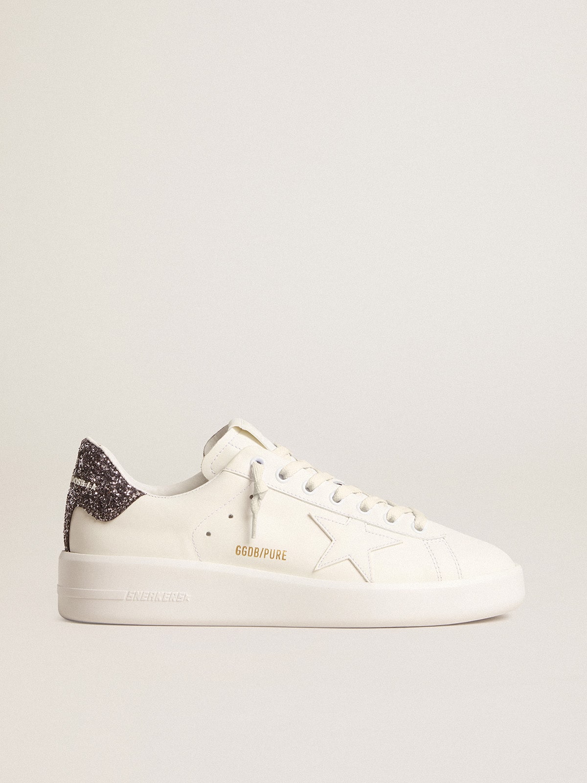 Golden Goose Womens Purestar With White Leather Star And Anthracite Glitter Heel Tab Womens
