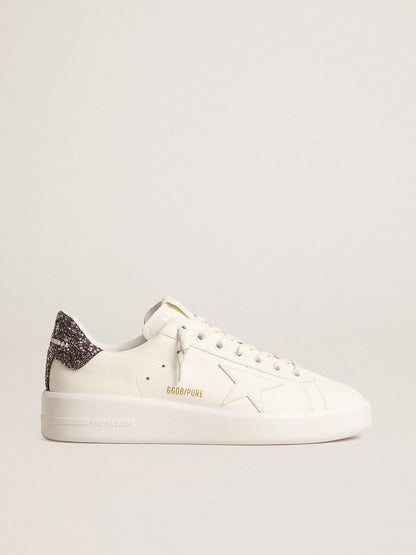Golden Goose Womens Purestar With White Leather Star And Anthracite Glitter Heel Tab Womens