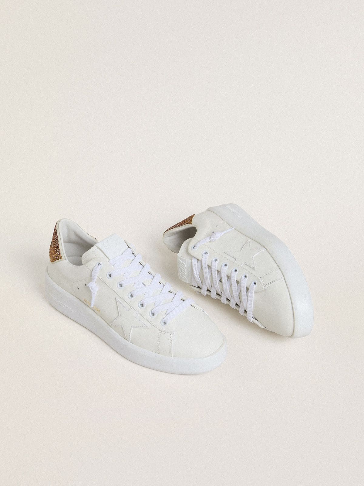 Golden Goose Womens Purestar With White Leather Star And Brown Crystal Heel Tab Womens
