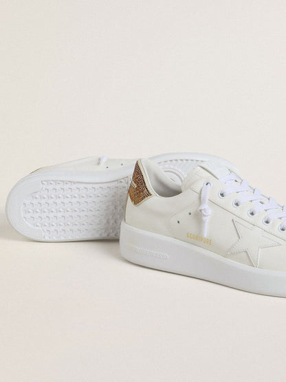Golden Goose Womens Purestar With White Leather Star And Brown Crystal Heel Tab Womens
