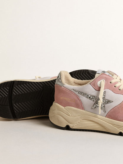 Golden Goose Womens Running Sole In Gray Mesh And Suede With Silver Glitter Star Womens