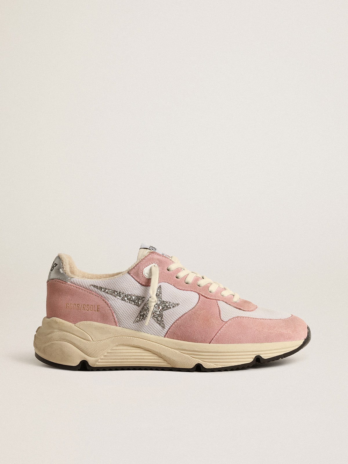Golden Goose Womens Running Sole In Gray Mesh And Suede With Silver Glitter Star Womens