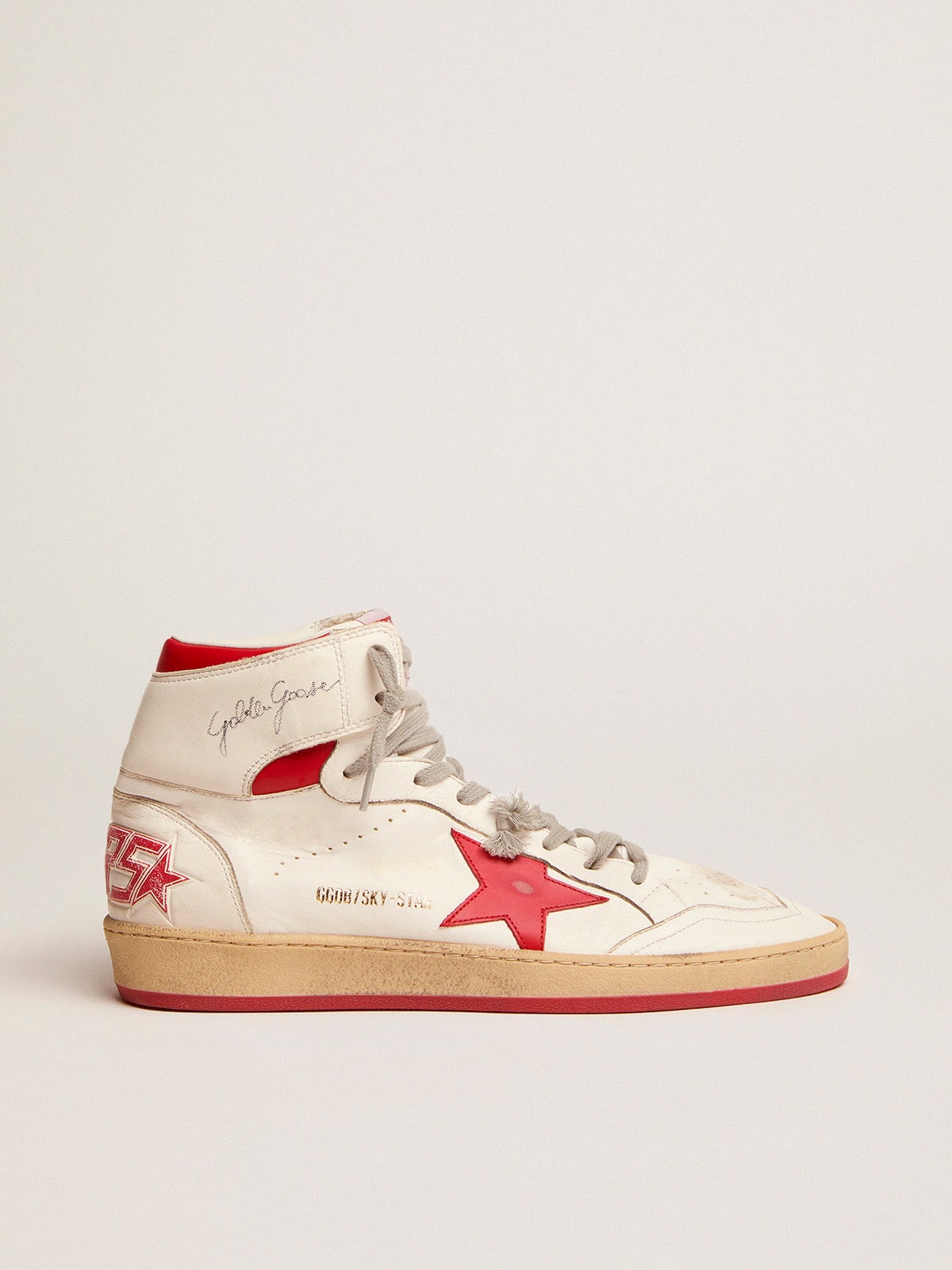 Golden Goose Womens Sky-Star In White Nappa With Red Star And Heel Tab Womens