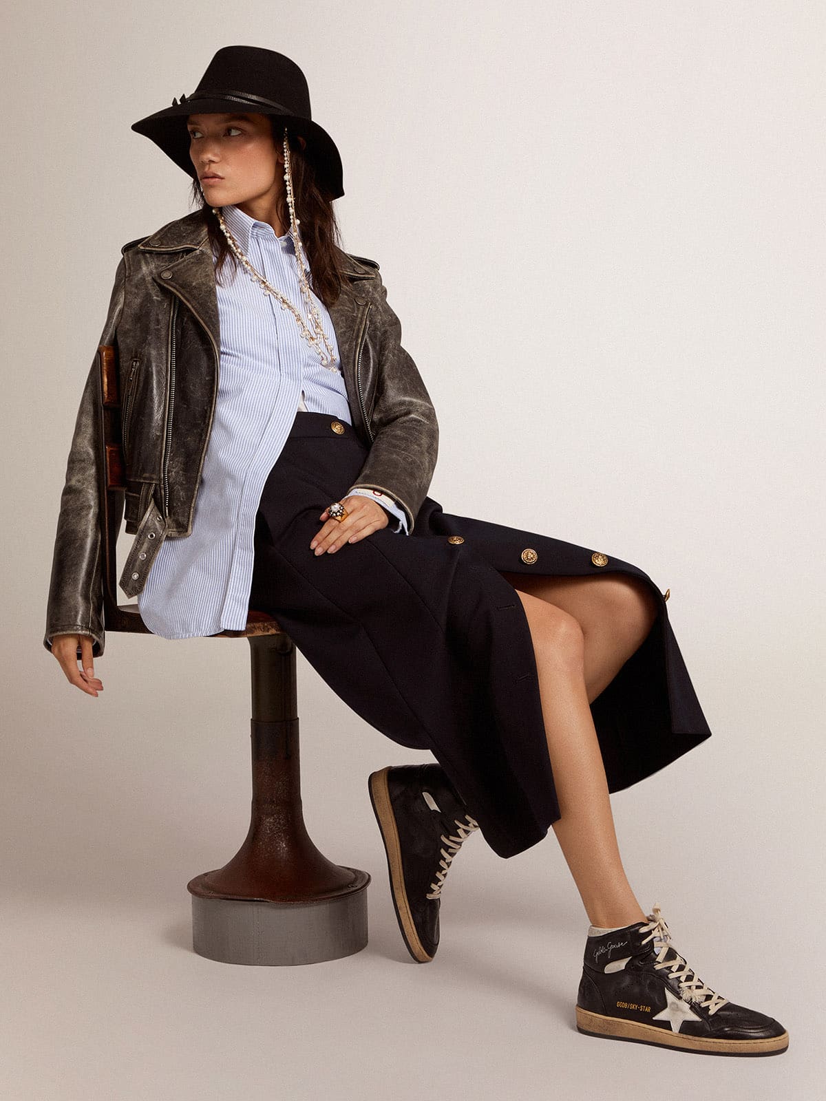 Golden Goose Womens Sky-Star In Black Nappa With White Star Womens