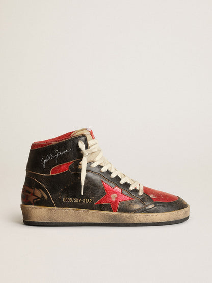 Golden Goose Womens Sky-Star In Black Glossy Leather With Red Star Womens