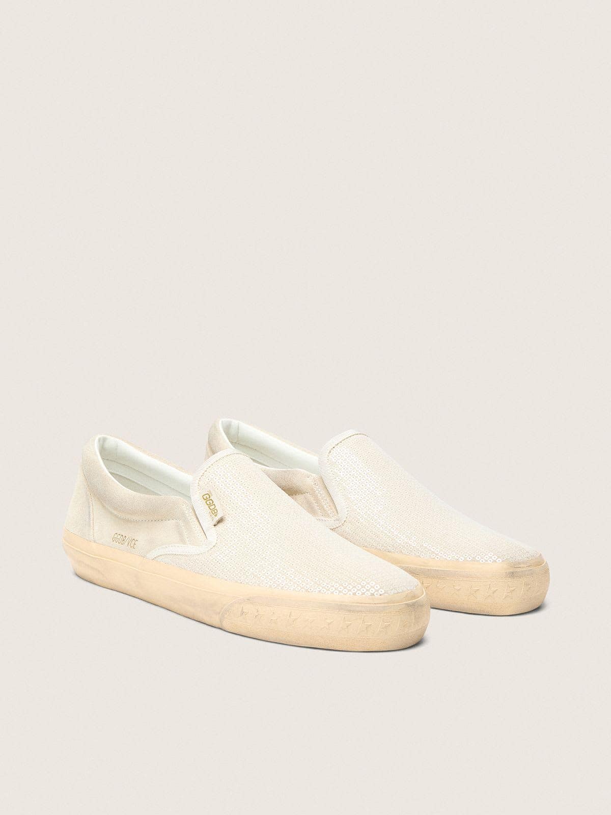 Golden Goose Womens Vce Penstar In Beige Suede And Pearl-Colored Sequins Womens