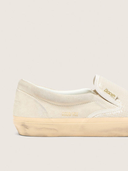 Golden Goose Womens Vce Penstar In Beige Suede And Pearl-Colored Sequins Womens