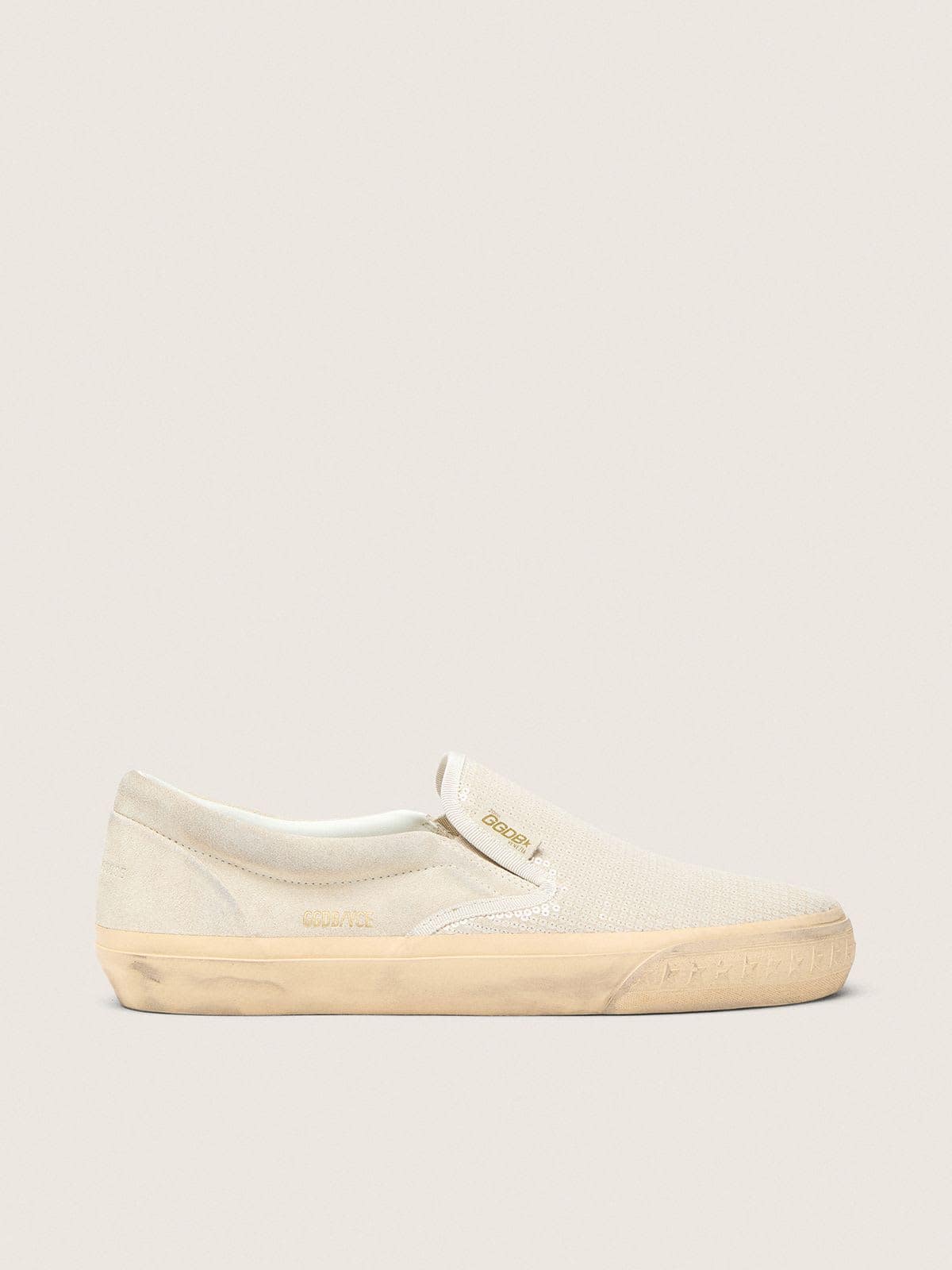 Golden Goose Womens Vce Penstar In Beige Suede And Pearl-Colored Sequins Womens