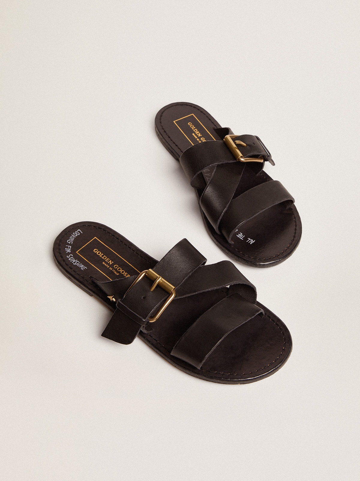 Golden Goose Womens Margaret Flat Sandals In Black Resin-Coated Leather Womens