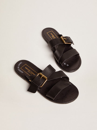Golden Goose Womens Margaret Flat Sandals In Black Resin-Coated Leather Womens