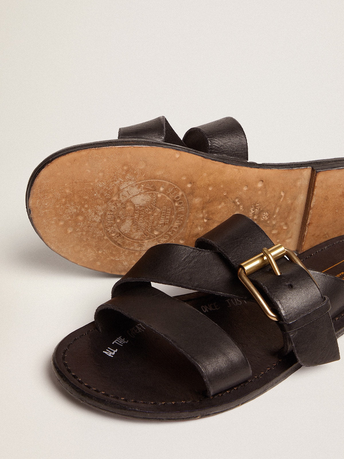 Golden Goose Womens Margaret Flat Sandals In Black Resin-Coated Leather Womens
