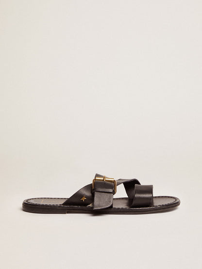 Golden Goose Womens Margaret Flat Sandals In Black Resin-Coated Leather Womens