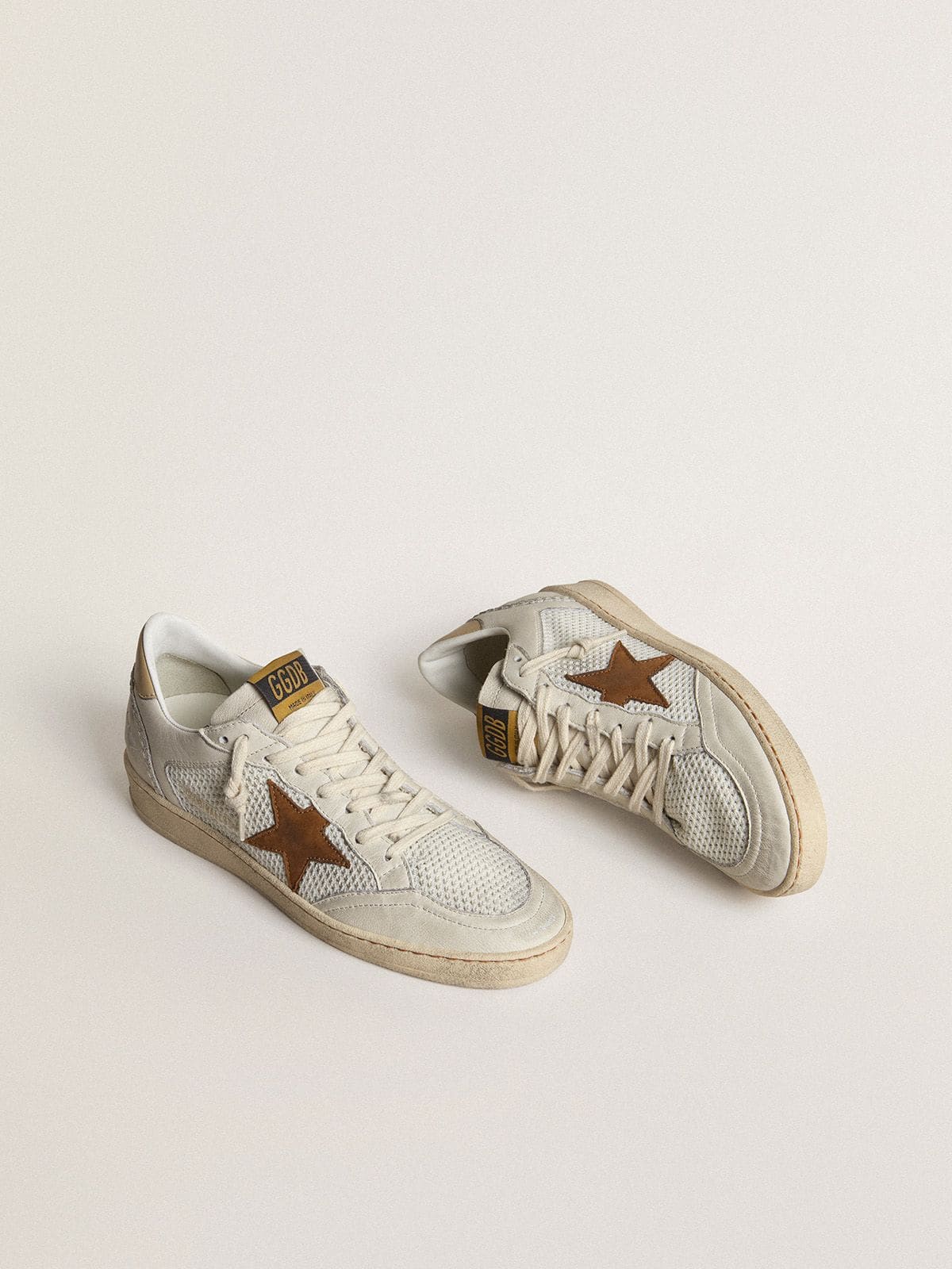 Golden Goose Womens Ball Star In White Nappa And Mesh With Tobacco-Colored Nubuck Star And Beige Heel Tab Womens