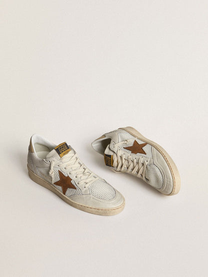 Golden Goose Womens Ball Star In White Nappa And Mesh With Tobacco-Colored Nubuck Star And Beige Heel Tab Womens