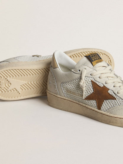 Golden Goose Womens Ball Star In White Nappa And Mesh With Tobacco-Colored Nubuck Star And Beige Heel Tab Womens
