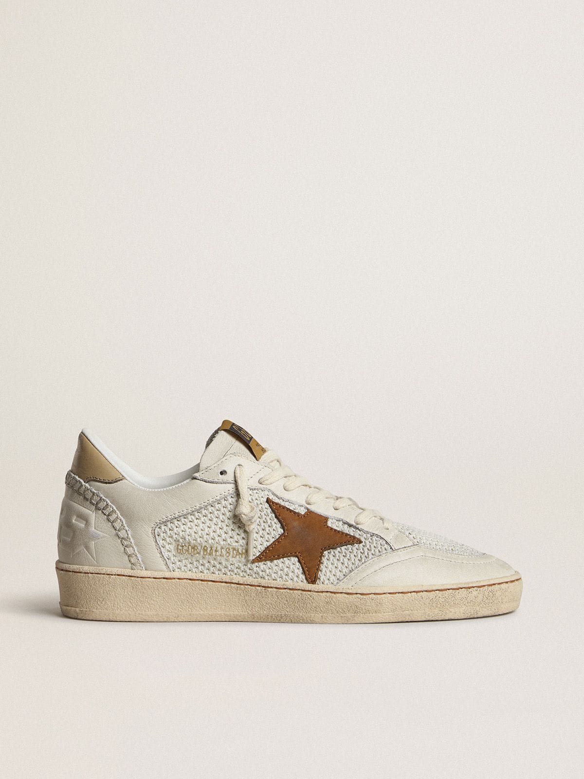Golden Goose Womens Ball Star In White Nappa And Mesh With Tobacco-Colored Nubuck Star And Beige Heel Tab Womens