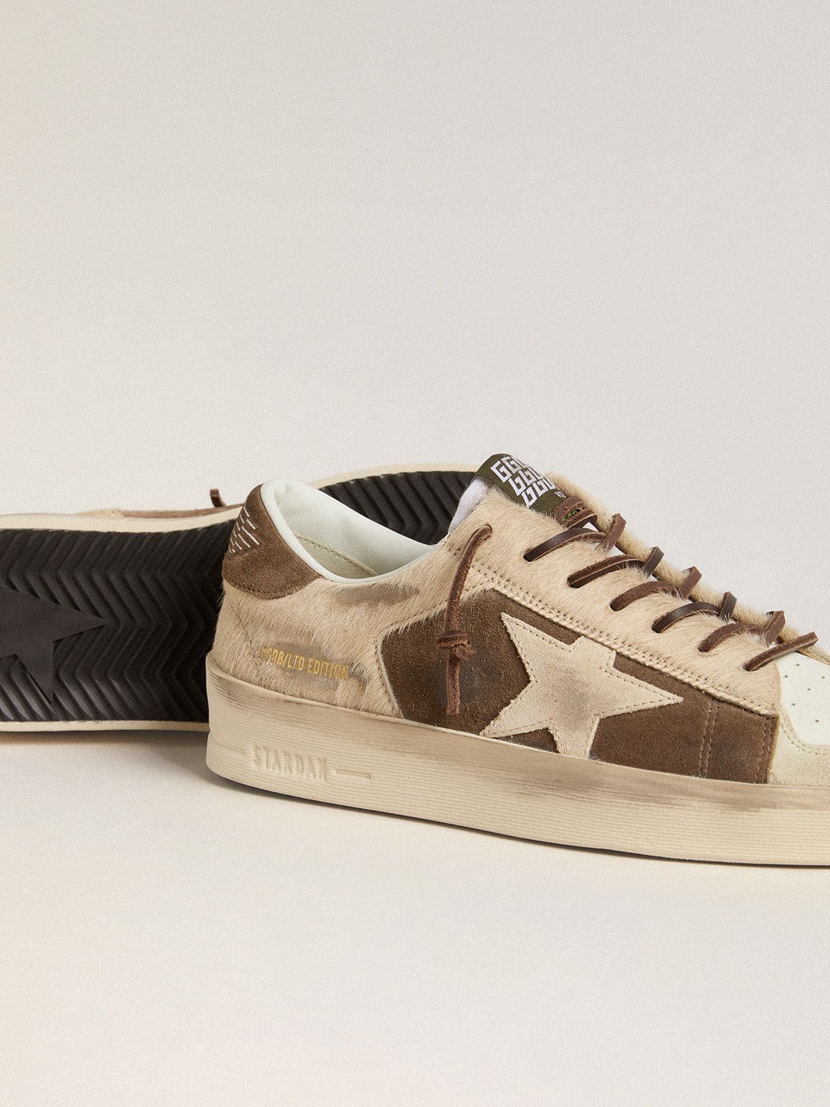 Golden Goose Womens Stardan In Military-Green Suede And Beige Pony Skin With Beige Suede Star Womens