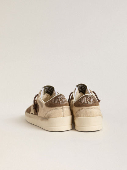 Golden Goose Womens Stardan In Military-Green Suede And Beige Pony Skin With Beige Suede Star Womens