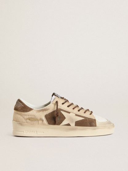Golden Goose Womens Stardan In Military-Green Suede And Beige Pony Skin With Beige Suede Star Womens