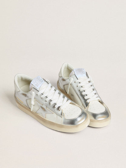 Golden Goose Stardan In Silver Foiled Leather With White Heel Tab Womens