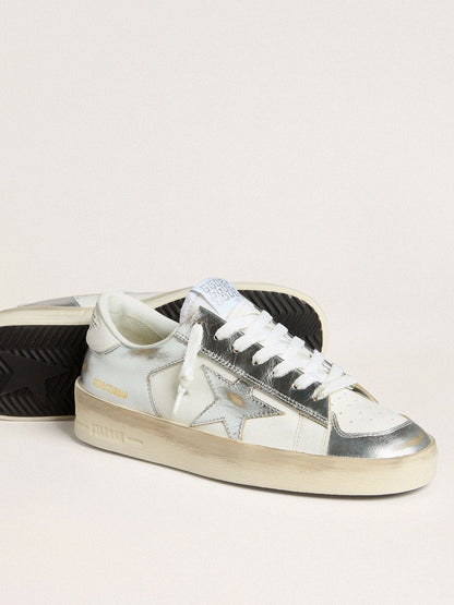 Golden Goose Stardan In Silver Foiled Leather With White Heel Tab Womens