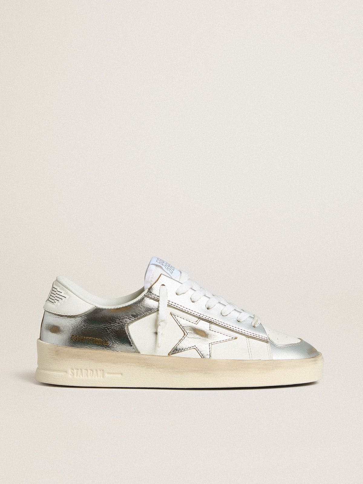 Golden Goose Stardan In Silver Foiled Leather With White Heel Tab Womens