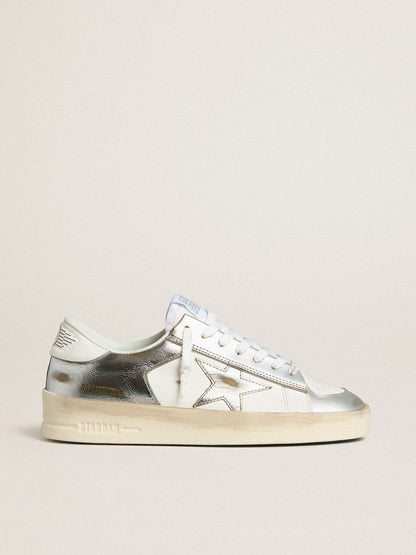 Golden Goose Stardan In Silver Foiled Leather With White Heel Tab Womens