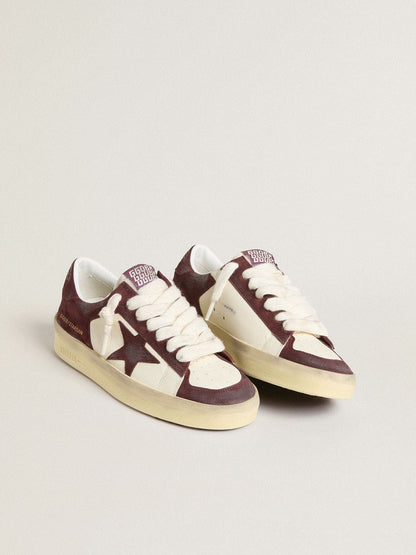 Golden Goose Womens Stardan In White Nappa With Burgundy Suede Star And Heel Tab Womens