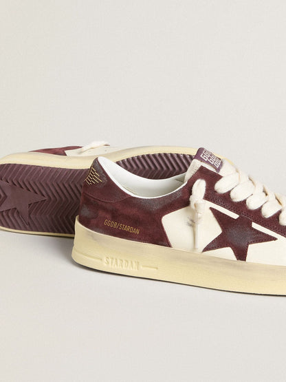 Golden Goose Womens Stardan In White Nappa With Burgundy Suede Star And Heel Tab Womens